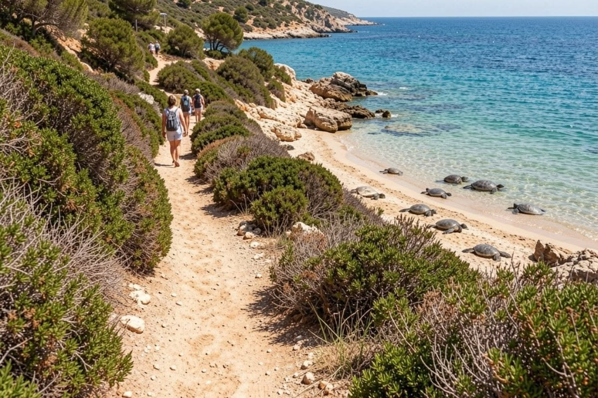 Tartaruga greca con carapace giallo e marrone scuro su terreno sabbioso con erba secca e rocce, ambiente mediterraneo soleggiato