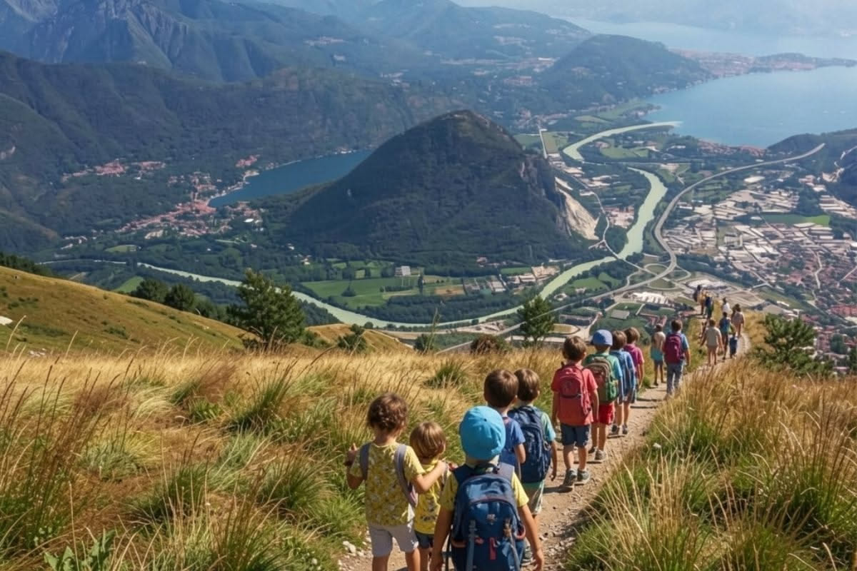 Famiglia con tre bambini su sentiero di montagna in parco nazionale, genitori e figli con zaini, vista di prati verdi e boschi sullo sfondo